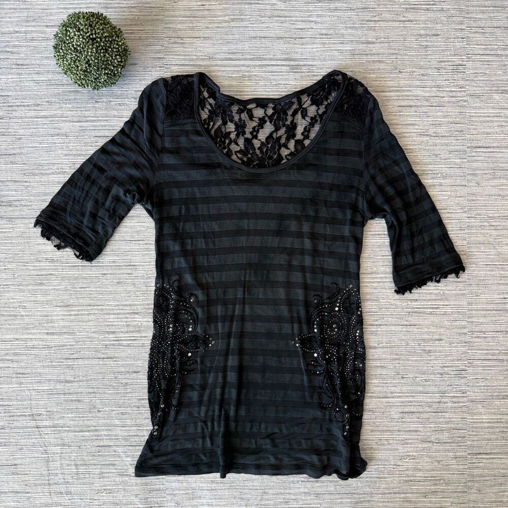 Y2K Miss Me Black Striped Mesh Lace Knit Top Goth Grunge Size Large